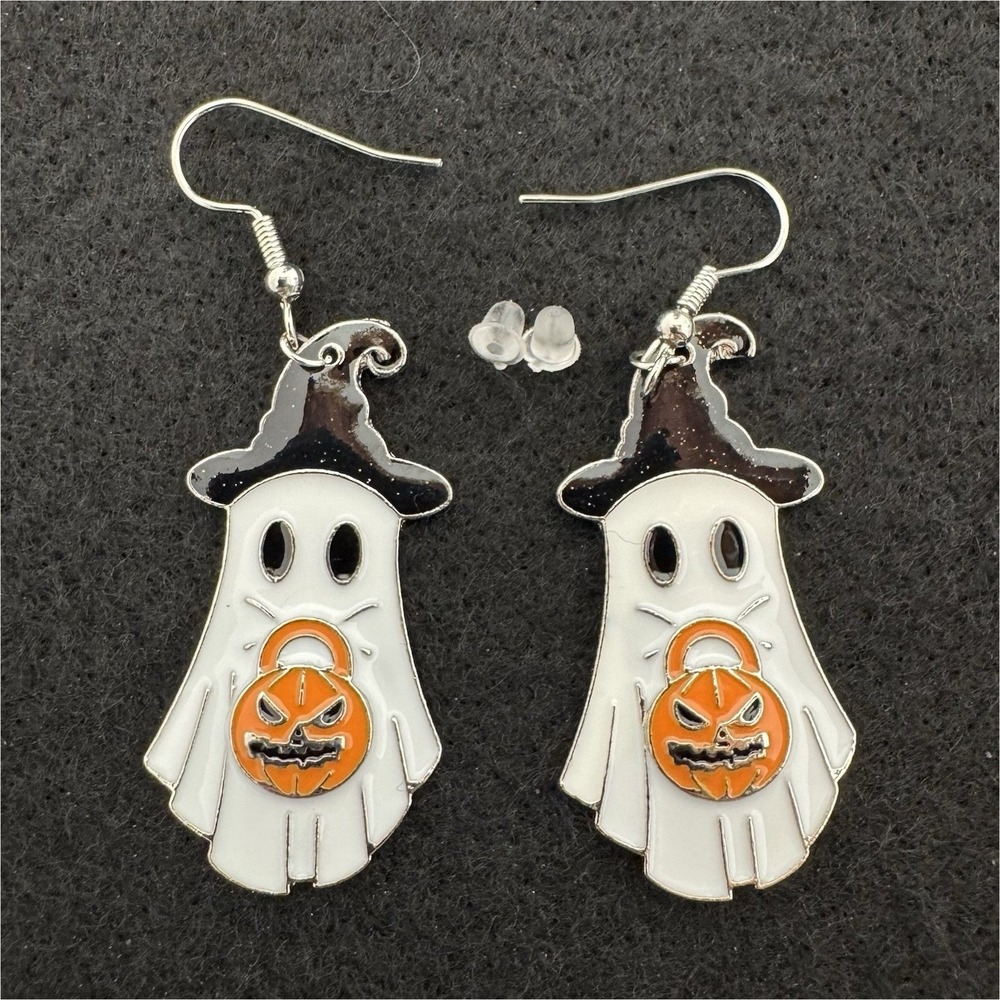 Halloween Ghost Pumpkin Dangle/Drop Hook Earrings Enamel Metal Multicolor
